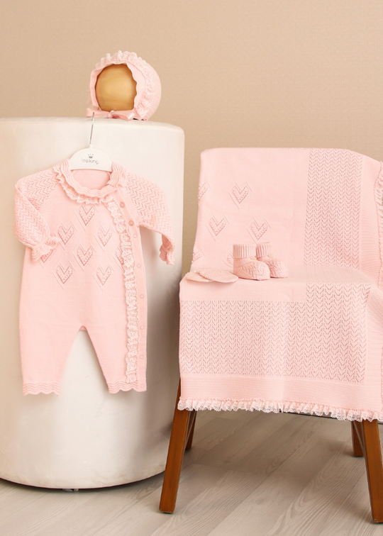 5 Piece Baby Set Knitted Pink with Heart Jumpsuit 3047 Leo King