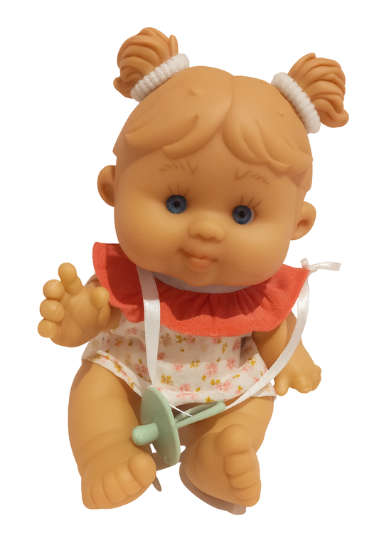 Papusa Parfumata cu Rochita Crem Imprimeu Floricele si Guler Volanas Roz - 21 cm - 0494 - Nines