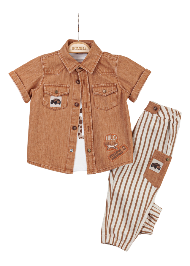 Set 3 Piese, Camasa cu Maneca Scurta Caramizie, Tricou Alb si Pantaloni Lungi Bej cu Dungi Caramizii 6764 Bili Baby