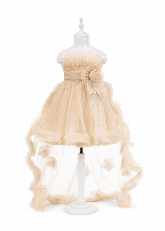 Rochie Ceremonie Tulle Bej Auriu cu Cordon Saten in Talie 3190 Mon Princess