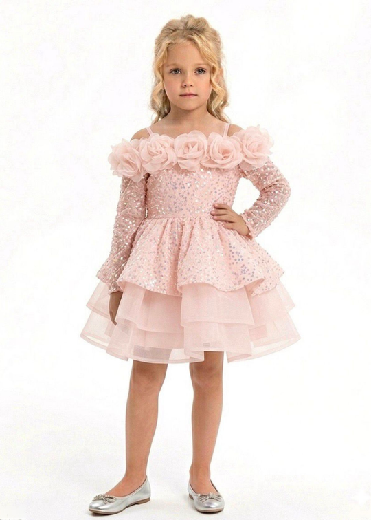 Salmon ceremony dress with sequins and organza long sleeves with applied flowers on the bust art 3376 Mon Princess