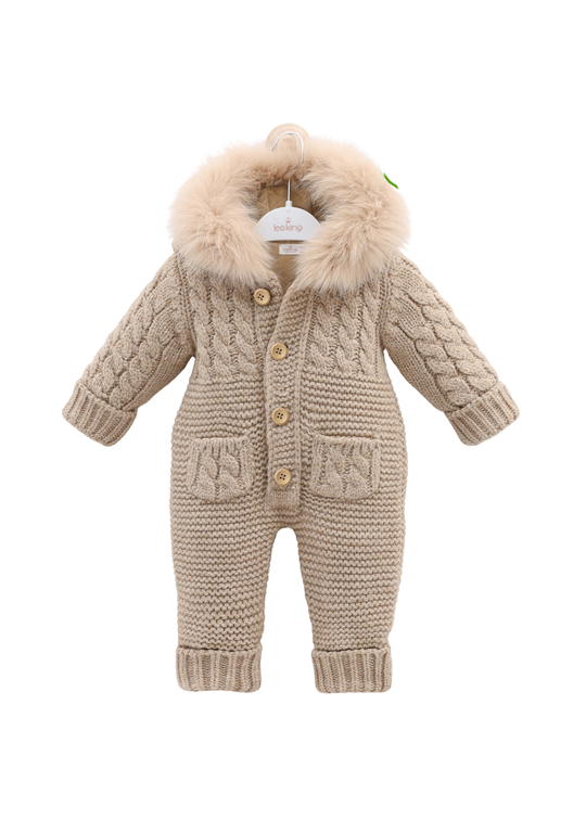 Combinezon Tricotat Bej cu Lana Merinos si Blana la Gluga cu Nasturi 9421 Leo King