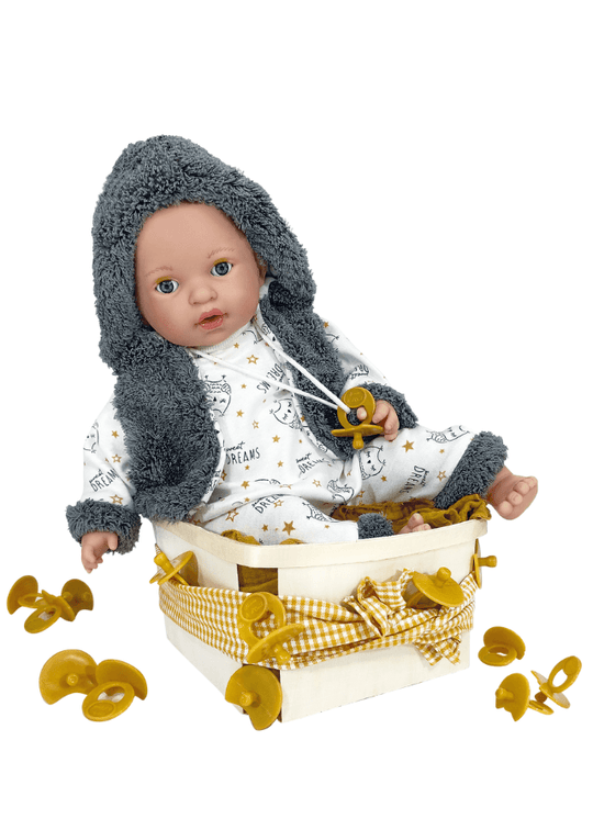 Papusa Bebelus Alex cu Salopeta Alb cu Gri si Vesta cu Gluga din Plus Gri, 40 cm 1503 Nines