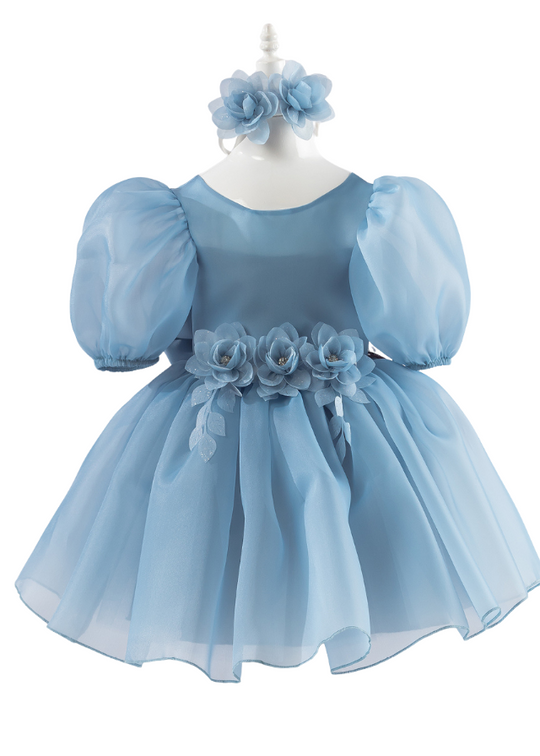 Blue Organza Ceremony Dress with Puff Sleeves 6021 Lugu