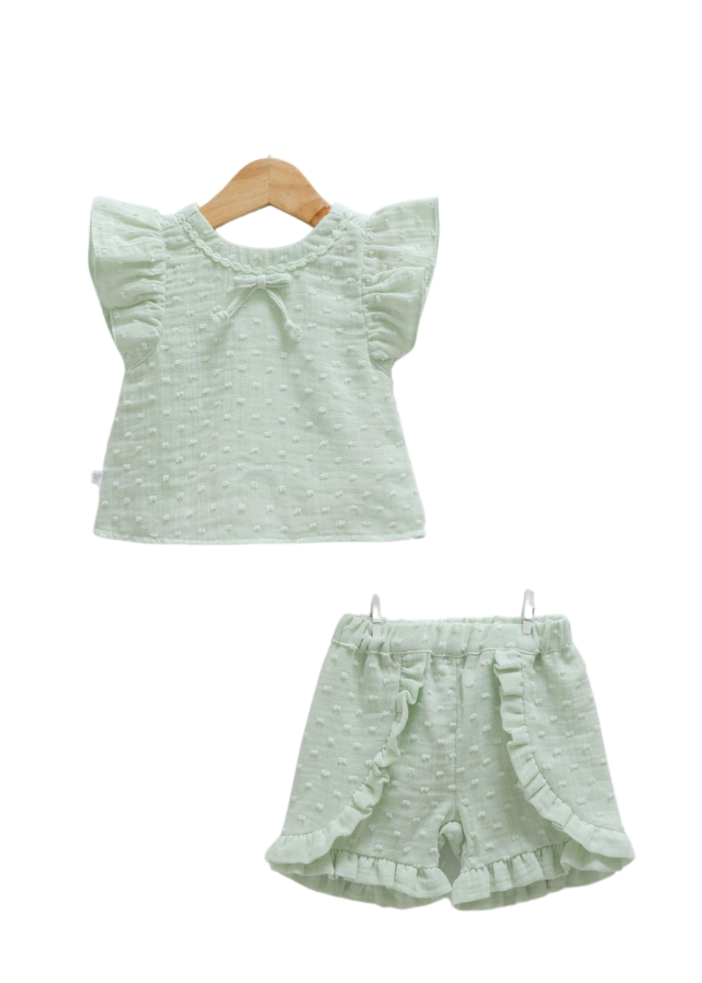 Set 2 Piese Verde, Top cu Maneca Scurt si Pantaloni Scurti din Bumbac cu Model 9709 Mell Sweet Baby