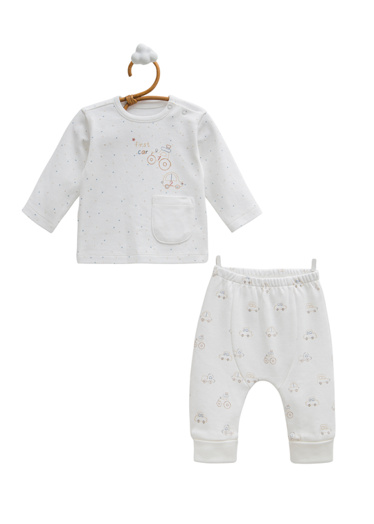 Set 2 Piese Bluza si Pantaloni Lungi Crem cu Masini First Car TKE2222 Mell Sweet Baby