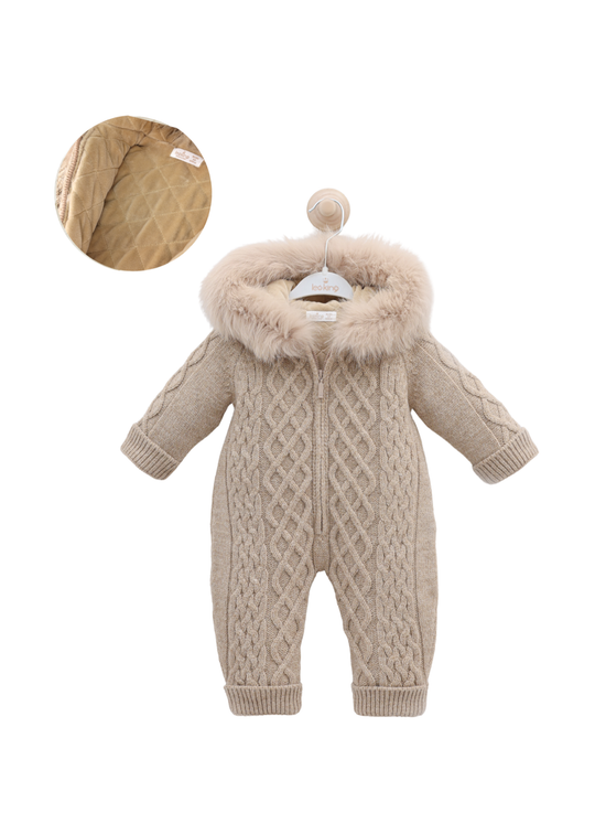 Combinezon Bej cu Lana Merinos cu Blana la Guler si Fermoar 9423 Leo King