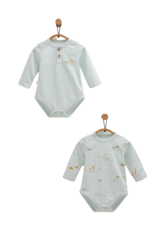 Set of 2 Long Sleeve Bodysuits Blue with Animal Print Safari Time BE1366 Mell Sweet Baby