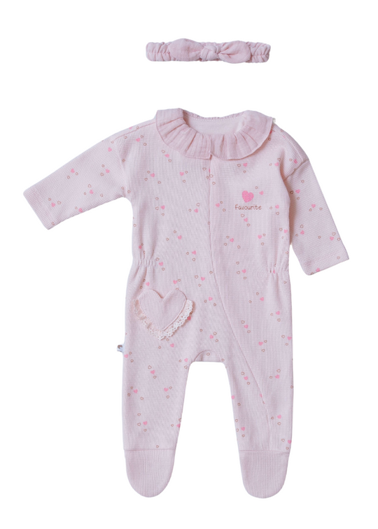 Рожевий довгий комбінезон із коміром із рюшами у вигляді сердечок і застібкою-блискавкою 9539 Mell Sweet Baby