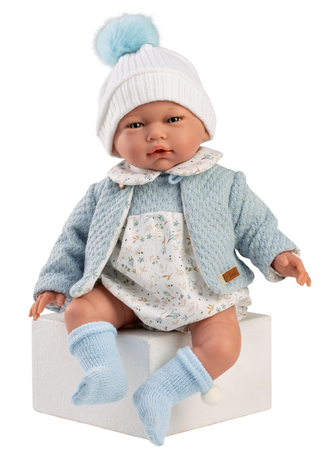 Papusa Julen 42 cm cu Salopeta Alba cu Imprimeu Bleu Cardigan si Sosete Tricou Bleu 10268 Guca