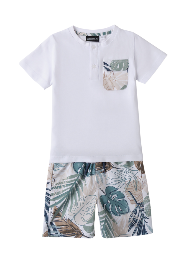 Set 2 Piese Tricou Alb si Pantaloni Scurti cu Imprimeu Tropical 0.B162/00 Sarabanda