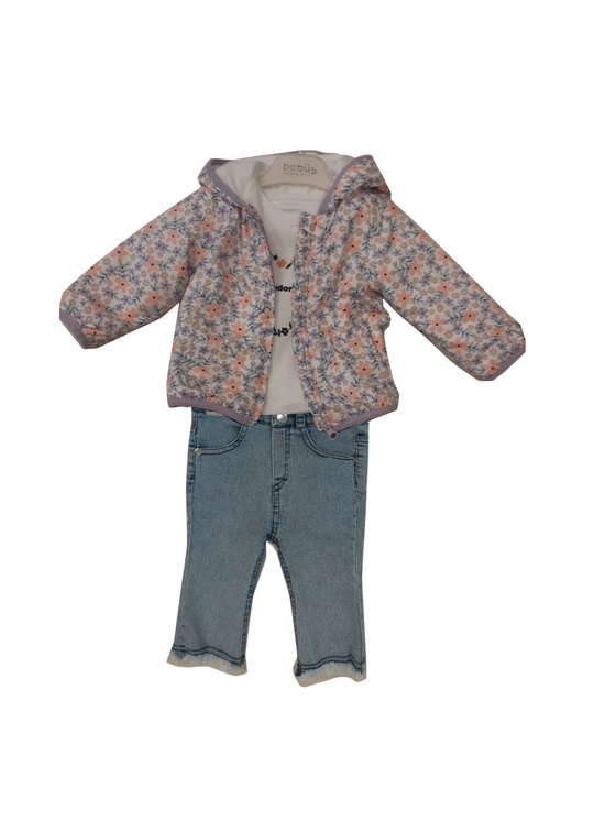 Set 3 Piese Geaca din Fas Imprimeu Flori Roz Bluza Crem si Blugi Evazati 15307 Bebus