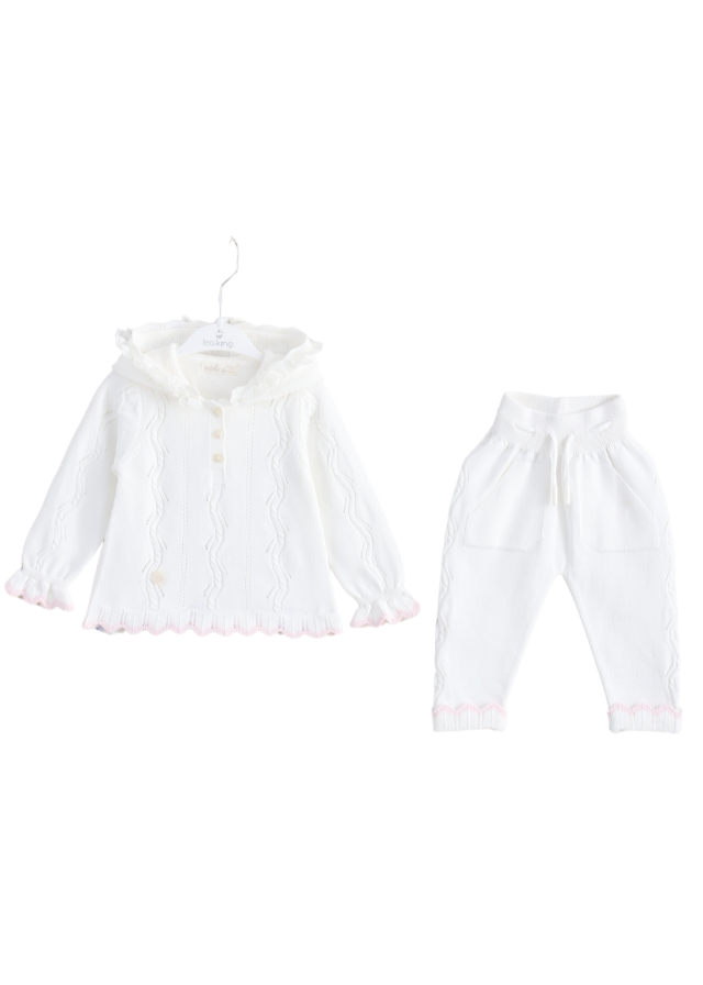 Set 2 Piese Tricot Alb Hanorac cu Gluga si Pantaloni 8524 Leo King