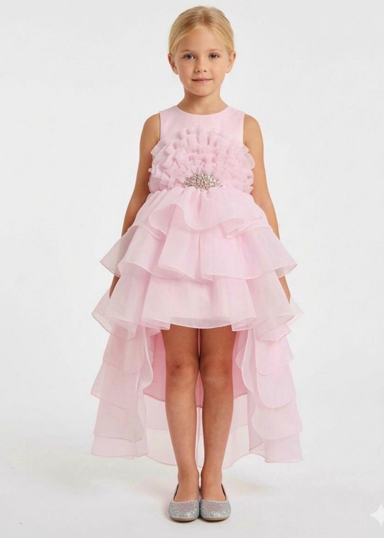 Rochie Ceremonie Roz din Organza cu Volane si Trena cu Accesoriu Cristale in Talie 3248 Mon Princess