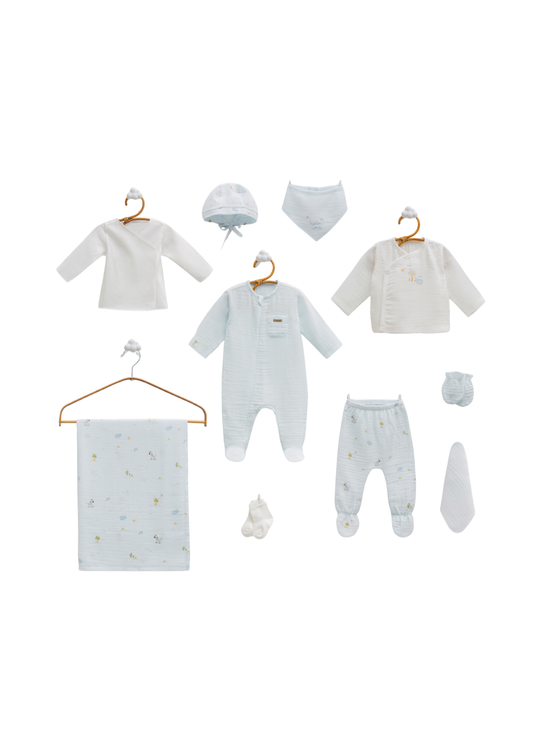 Set 10 Piese Maternitate Muselina Bleu Jungle Friends ZE2425 Mell Sweet Baby