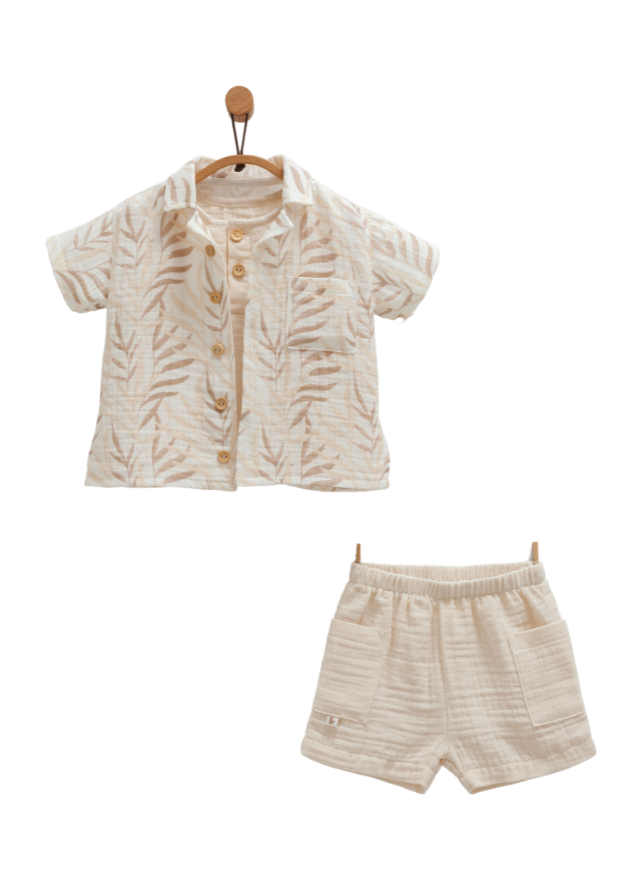 Set 3 Piese Muselina Bej cu Maro Camasa Top si Pantaloni Scurti Little Boy TKE1676 Mell Sweet Baby