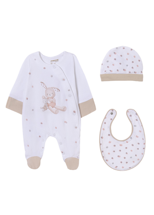 Set of 3 Pieces, Long Jumpsuit, Fes and Cream Bib with Beige and Rabbit Print Better Cotton 9448 Mayoral