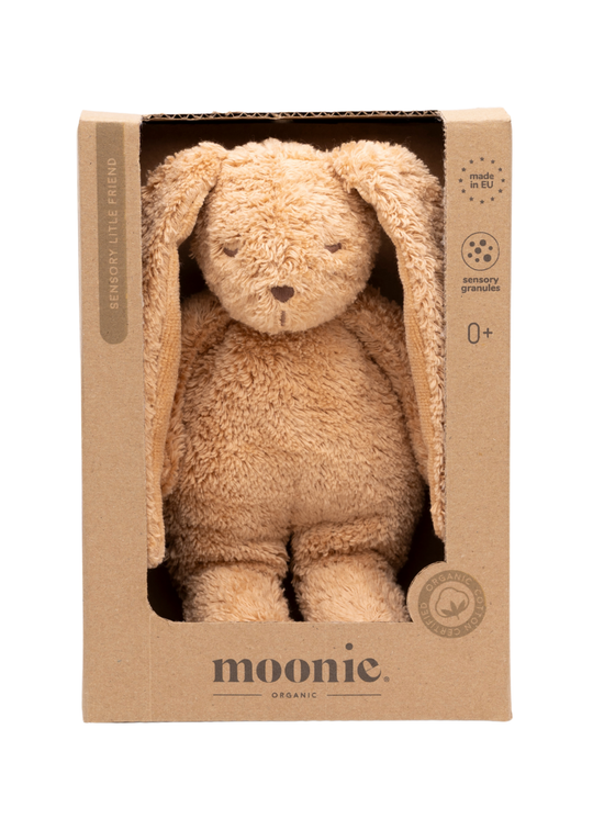 Jucarie Senzoriala din Bumbac Organic Iepuras Crem SENSORY LITTLE BUNNY CAPPUCCINO  Moonie