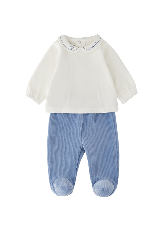 Set 2 Piese Bluza Crem cu Pantaloni Albastri din Velur Reiat 668 – Minibanda