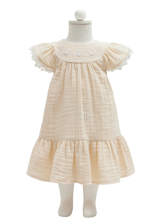 Beige muslin dress with embroidery on the bust Smile art ELB2405 Mell Sweet Baby