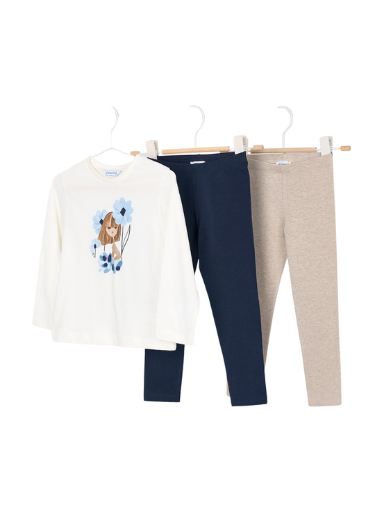 3 Piece Set Cream Blouse with Navy Blue and 2 Pairs of Navy Blue and Beige Tights 4724 Mayoral