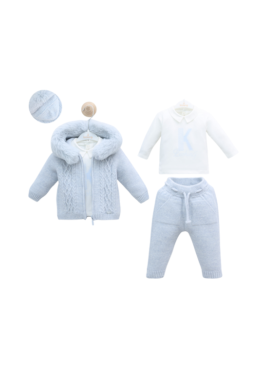 Set 3 Piese Bleu cu Lana Merinos Jacheta cu Blana la Gluga si Pantaloni Lungi 9590 Leo King