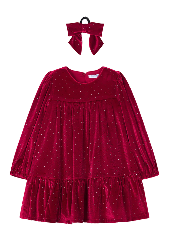 Rochie Rosie din Catifea cu Buline Stralucitoare si Maneca Lunga 4930 – Mayoral