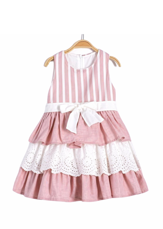 Rochie Roz Pudra Bust cu Dungi si Fusta cu Volane 16805 Bebus