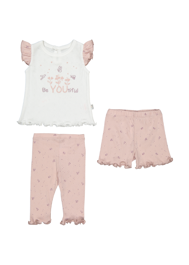 Set 3 Piese Crem cu Roz Pudra Top si 2 Perechi Pantaloni Nature F1384 Bebetto