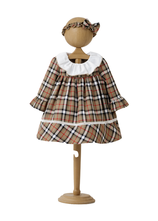 Rochie Carouri Bej cu Negru cu Maneca Lunga si Volan Alb la Guler 4411 MyMio