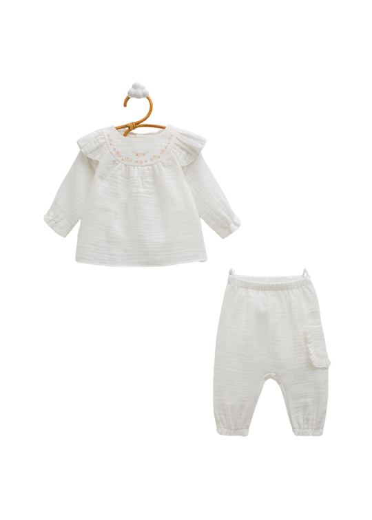 Set 2 Piese Muselina Crem Bluza Maneca Lunga si Pantaloni Lungi TKK2396 Mell Sweet Baby