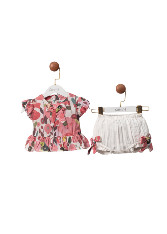 Set of 2 Pieces, Corai Flower Print Top and Cream Muslin Panties 3435 Mino Baby