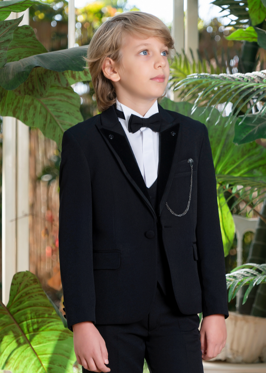 5 Piece Black Ceremony Suit with Velvet Lapel Jacket 20358 Little Gentleman