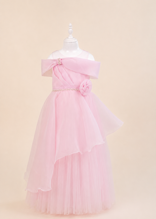 Long pink organza ceremony dress with pleats on the bust art 3274 Mon Princess