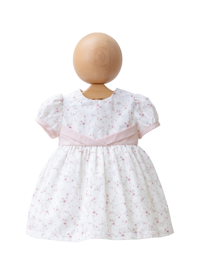 Rochie Ivory cu Maneca Scurta cu Imprimeu Flori Mici Roz Pudra 4308 MyMio