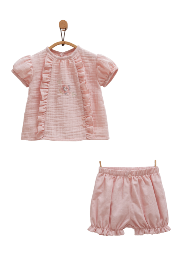 Set 2 Piese Muselina Roz Pudra Bluza cu Maneca Scurta si Pantaloni Scurti Little Girl TKK1662 Mell Sweet BaSy