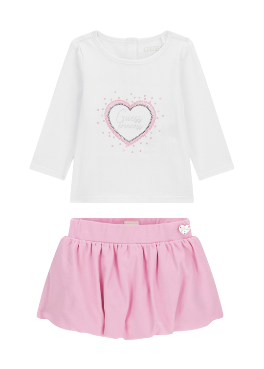 Set 2 Piese Bluza Alba cu Maneca Lunga si Inima si Fusta Roz A6RG14 K6YW0 G011 Guess