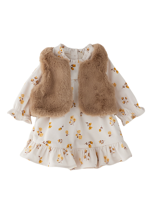Set 2 Piese Crem si Bej cu Rochie Reiata Florala si Vesta Pufoasa 728 – Minibanda