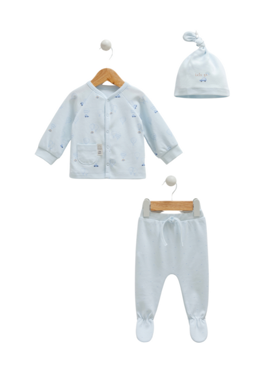 Blue Blouse, Pants and Hat Set with Flying Cars Print TKE1196 Mell Sweet Baby