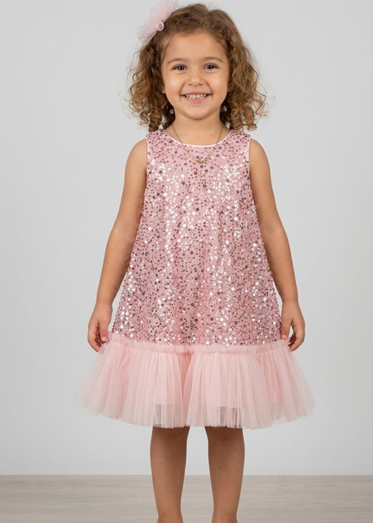 Mon Princess pink sequined ceremony dress with straight cut and tulle ruffle art 3336
