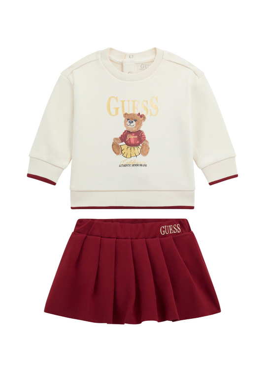 Set 2 Piese Bluza Sport Crem cu Urs si Fusta Plisata Rosie A5BG01 KAD74 G012 Guess