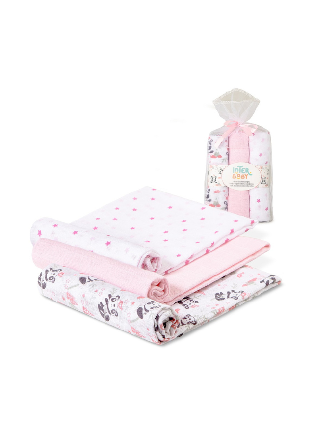 Set 3 Scutece Muselina Alb-Roz Imprimeu Panda 80x80 cm 98972-02 Interbaby