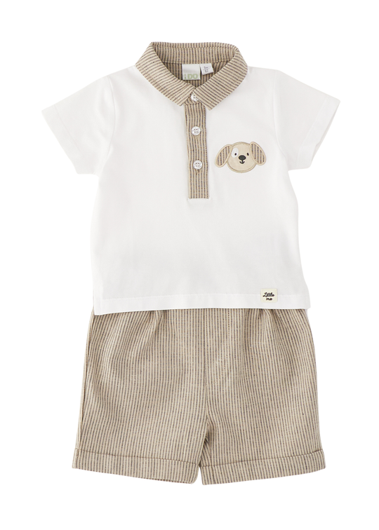 Tricou Polo Alb cu Guler Bej si Pantaloni Scurti Bej cu Dungi 4.G151/00 iDO
