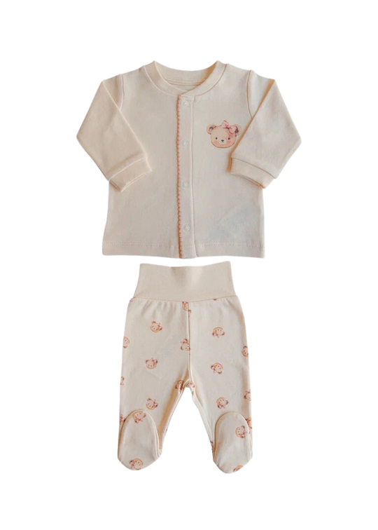 Set 2 Piese Bluza cu Capse si Pantaloni Lungi Bej cu Ursi S60552 Kitikate