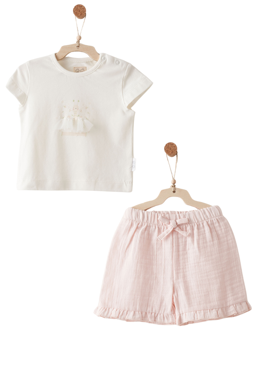 Set 2 Piese Tricou Crem si Pantaloni Scurti Muselina Roz AC26619 Andywawa