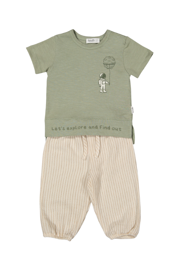 Set 2 Piese Tricou Verde cu Astronaut si Pantaloni Lungi cu Dungi Bej My Galaxy K4811 Bebetto