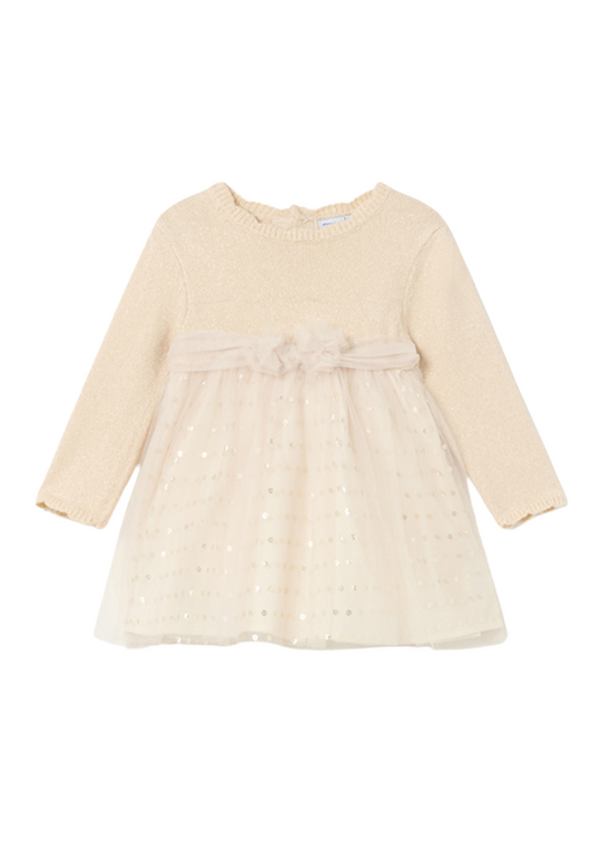 Golden Beige Knitted Bust Dress and Cream Tulle Skirt with Gold Tassels 2909 col 41 Mayoral