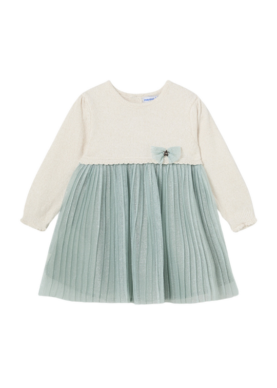 Beige Knitted Bust Dress and Green Tulle Skirt with Pleats 2906 col 38 Mayoral