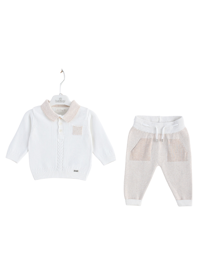 Set 2 Piese Bumbac Tricotat Bluza Crem cu Guler Bej si Pantaloni Crem cu Bej 8512 Leo King