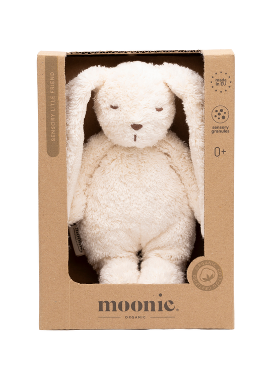 Jucarie Senzoriala din Bumbac Organic Iepuras Ivory SENSORY LITTLE BUNNY POLAR  Moonie